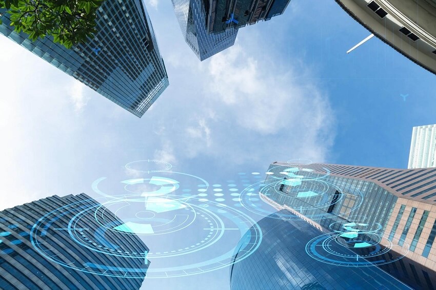 Technology-hologram-over-low-angle-shot-of-Singapore-skyscrapers-The-largest-tech-hub-in-Southeast-Asia-The-concept-of-developing-coding-and-hightech-science