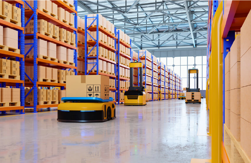 AGVs and AMRs used to transport materials, such as pallets or components, between workstations and storage areas