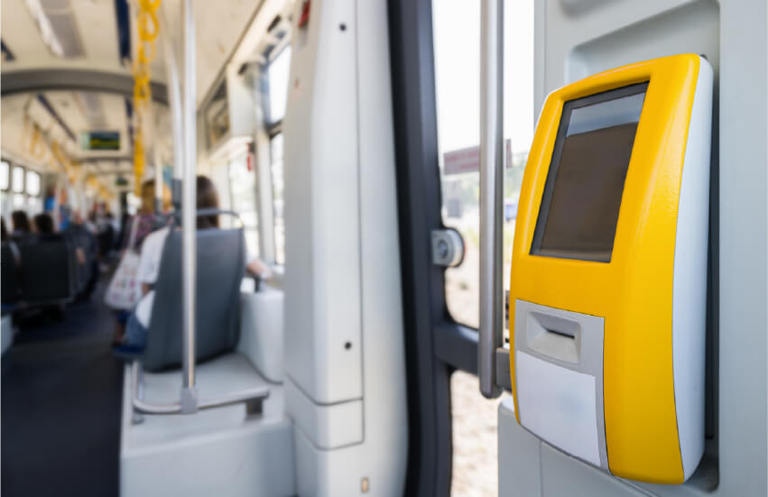 Various ticketing devices like validators, handheld inspecting devices, and platform ticket validating machines use the vehicle’s cellular link or a solar+cellular kit